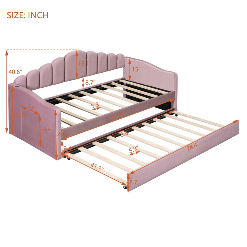 Twin Upholstered Daybed With Trundle, Velvet, USB Ports, No Box Spring Needed