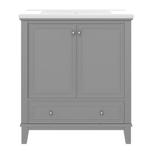 30 Bathroom Vanity With Sink Combo, Multi-functional Bathroom Cabinet With Doors And Drawer, Solid Frame And MDF Board, Grey