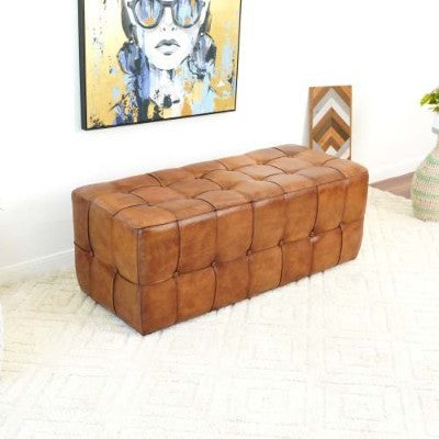 Benjiro Tan Leather Bench Ottoman Stool Leather Footstool Bench 17.7H X 47.2W X 19.7D