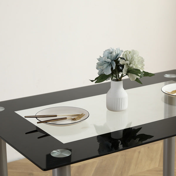 Simple Rectangular Cylindrical Leg Dining Table For 4 People Tempered Glass Stainless Steel Black Edging 110X70X75cm