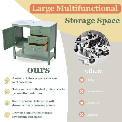 36'' Bathroom Vanity With Undermount Sink, Free Standing Vanity Set With 2 Drawers& Soft Closing Doors, Bathroom Storage Cabinet With Solid Wood Feet, Green