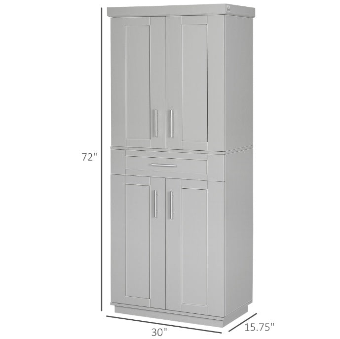 Modern Freestanding Kitchen Pantry Cabinet Cupboard With Doors And Drawer, Adjustable Shelving, Gray
