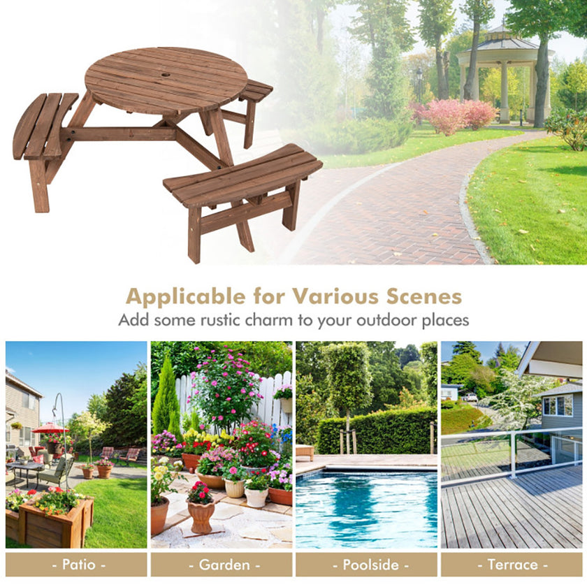 6 Person Wooden Picnic Table Set With Bench And Umbrella Hold