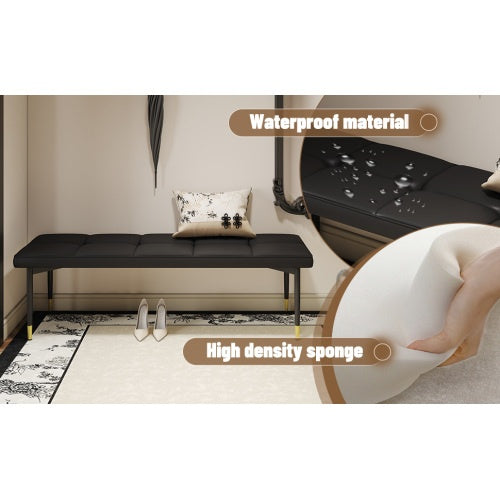 59x17 Inch Multifunctional Black Shoe Bench - Faux PU Cushion, Sturdy Metal Legs With Gold Accents.Suitable For Bedroom,Fitting Room, Storage Room, Dining Room, And Living Room,etc
