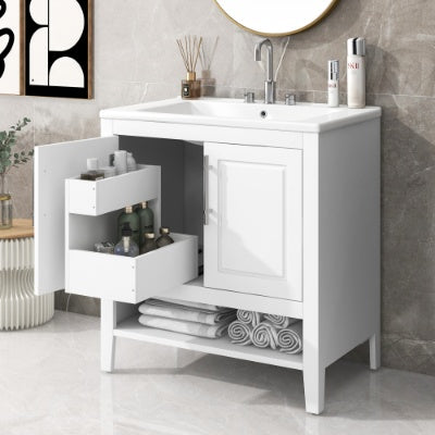 30 Bathroom Vanity With Sink, Multi-functional Bathroom Cabinet With Doors And Drawers, Solid Frame And MDF Board, White