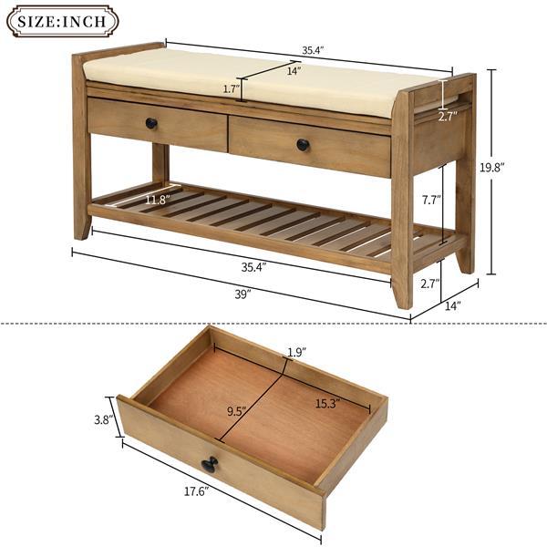 Shoe Rack With Padded Seat And Drawers, Multi-purpose Entrance Storage Bench - Old Pine