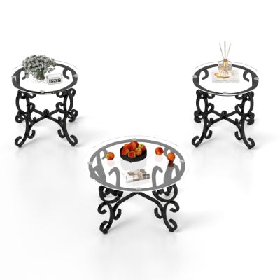 3 Piece Tempered Glass Surface Coffee Table Set, Decor Coffee Table Round End Side Table With Sturdy Construction For Living Room Rustic Black