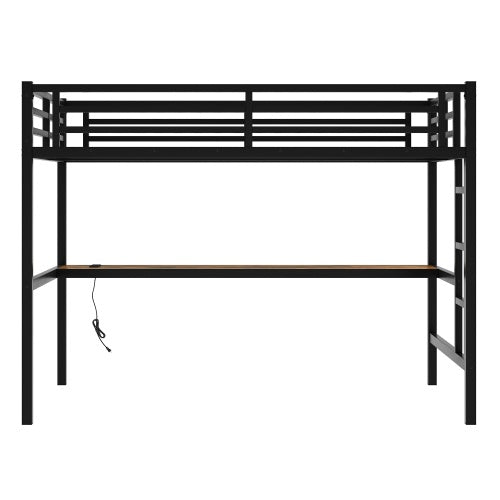 Metal Full XL Size Loft Bed With Power Outlet And LED Lighted, Space-Saving, Noise Reduced, Black