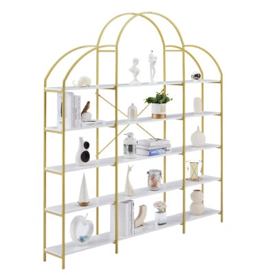 74.8 Inch 5 Tiers Office Bookcase Bookshelf, Display Shelf With Round Top, X Bar Gold Frame