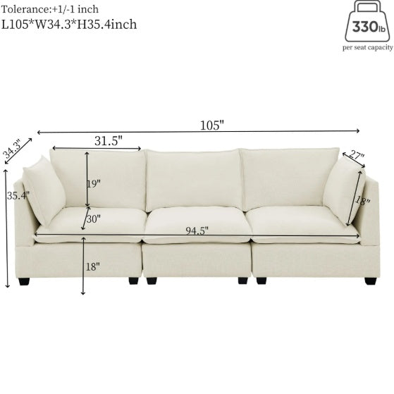 Modern Chenille Comfy Upholstered 3-Seat Sofa With 2 Lumbar Pillow, Deep Seat Sofa Sleeper For Living Room, Apartment, Office, Studio  Beige White, 3-Seat