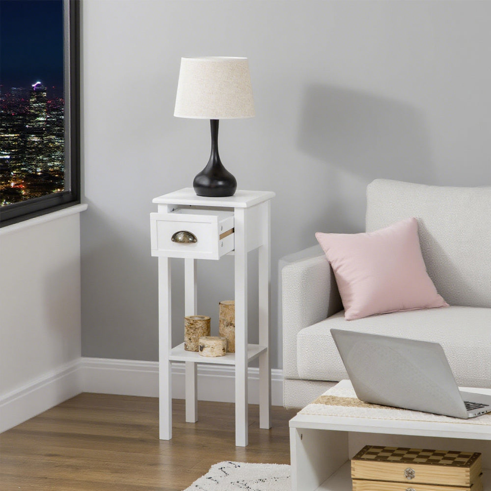 2-Tier Side Table With Drawer And Shelf, End Table For Living Room And Hallway, White