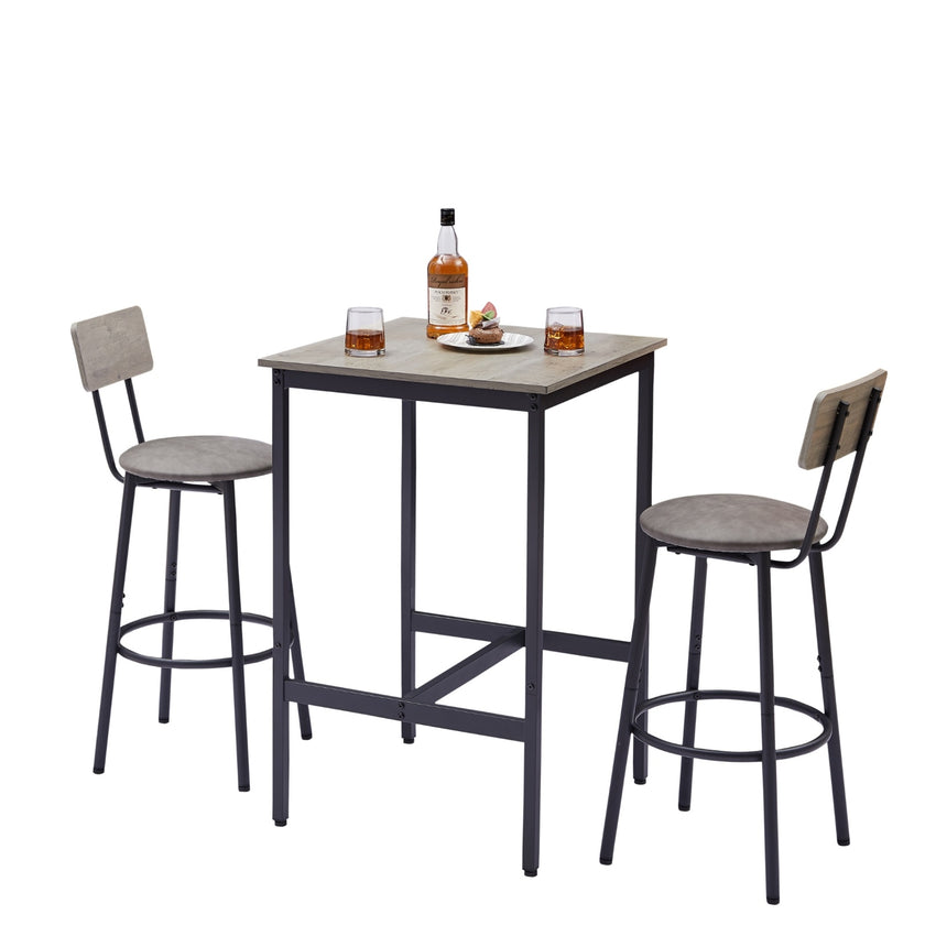 Bar Table Set With 2 Stools, PU Soft Seat & Backrest, Grey, 23.62 W X 35.4 H