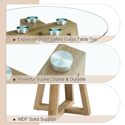 Modern And Practical Round Table. Made Of Clear Tempered Glass Top And Wood-coloured MDF Material. Suitable For Living Rooms And Bedrooms
