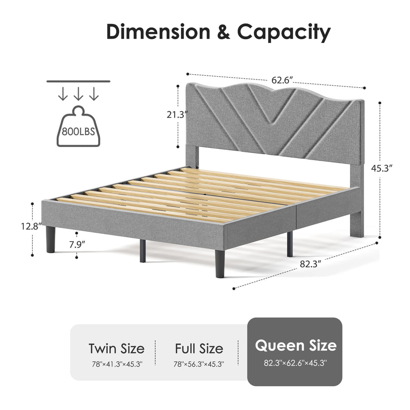 Modern Platform Bed Frame With Upholstered Headboard & Wooden Slats - No Box Spring Needed, Easy Assembly, Grey