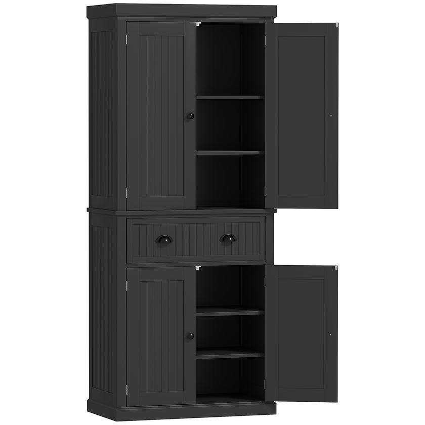 72 Kitchen Pantry Storage Cabinet, Cupboard With 4 Doors And 3 Adjustable Shelves, Large Central Drawer, Black