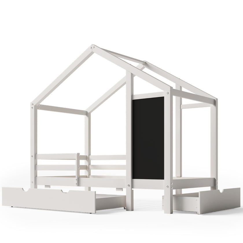 Twin House Bed With Blackboard And Drawers, Two Assembly Options, White