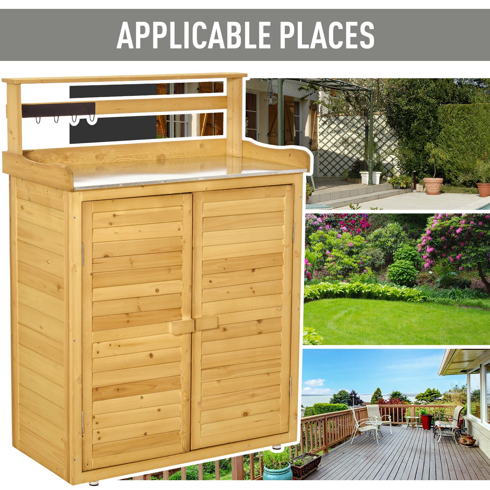 Wooden Potting Bench 3-Tier Storage Cabinet Work Station Table Lockable Organizer With Magnetic Latch Hooks Foot Pads 34.25L Yellow