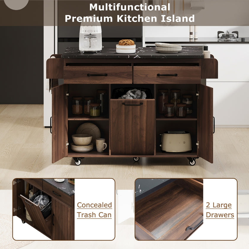 K&K Kitchen Island With Trash Can Storage Cabinet, Kitchen Cart With Drop Leaf, Spice Rack, Towel Ra