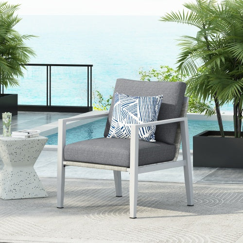 Gray Aluminum Lounge Chair With Sleek Rope Accents And Comfortable Cushions, Perfect For Modern Outdoor And Indoor Spaces