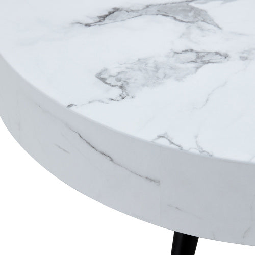 31.5 White Marble-Patterned MDF Round Coffee Table With Black Metal Legs.Adjustable Feet,Coffee Table,Round Table Design,MDF Material,White Marble Pattern.