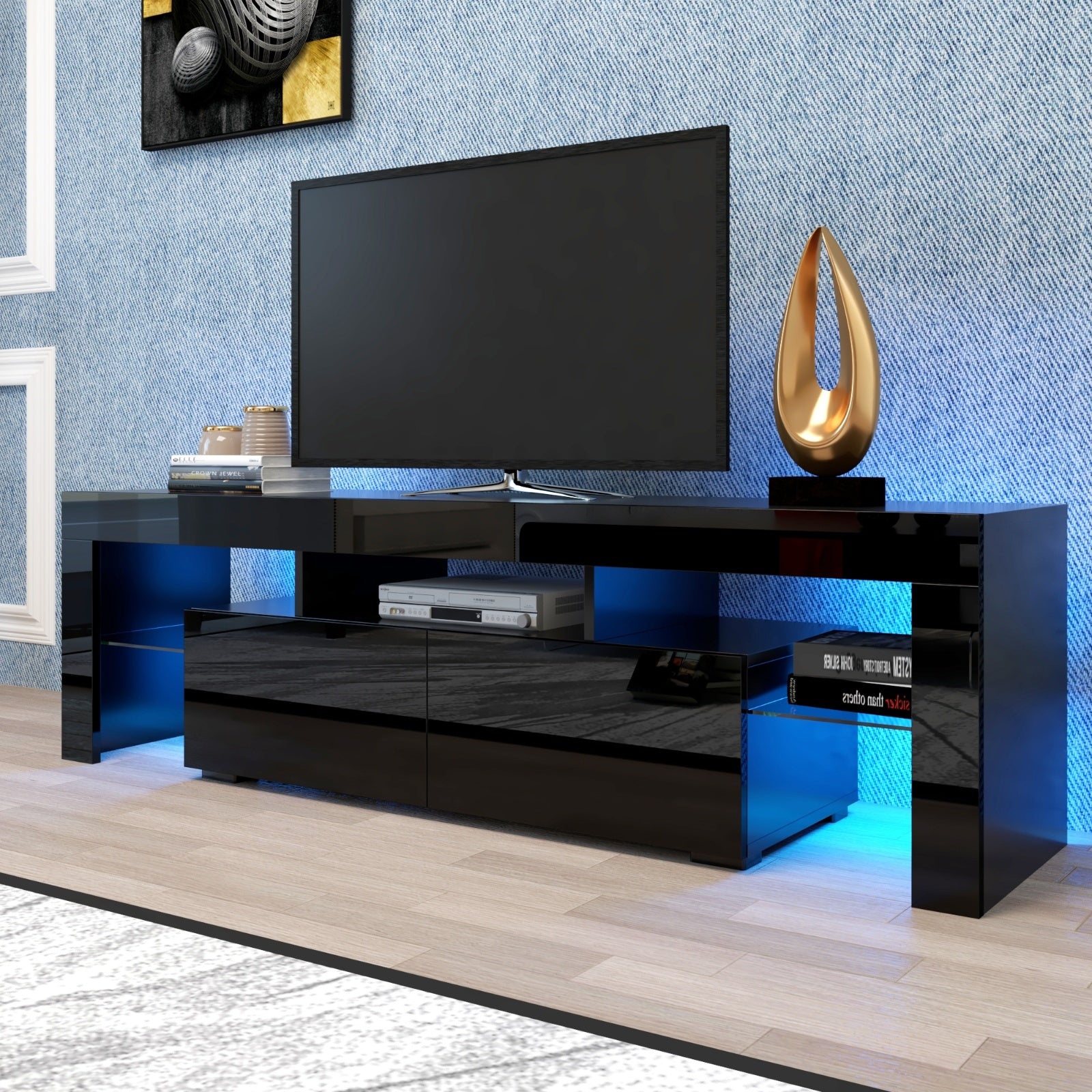 Modern Black TV Stand, 20 Colors LED TV Stand W Remote Control Lights