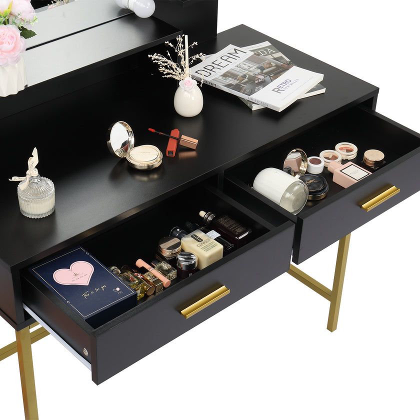 Black, Particleboard, Steel Frame, Two-drawer, Three-tier Shelf, Dressing Table Set, Three-tone Light, Light Luxury