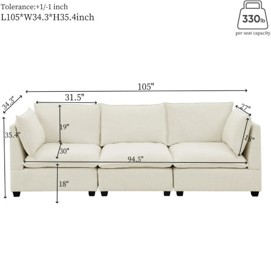 3-Piece Chenille Fabric Upholstered Living Room Furniture Set, Including 3-Seater Sofa AndV2 Loveseat Sofa With Seat And Back Cushion Beige White