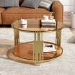 Modern Brown Glass Coffee Table, Asymmetrical Metal, Circular Metal Drum Base, Gold Finish  Lower Shelf
