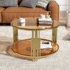Modern Brown Glass Coffee Table, Asymmetrical Metal, Circular Metal Drum Base, Gold Finish  Lower Shelf