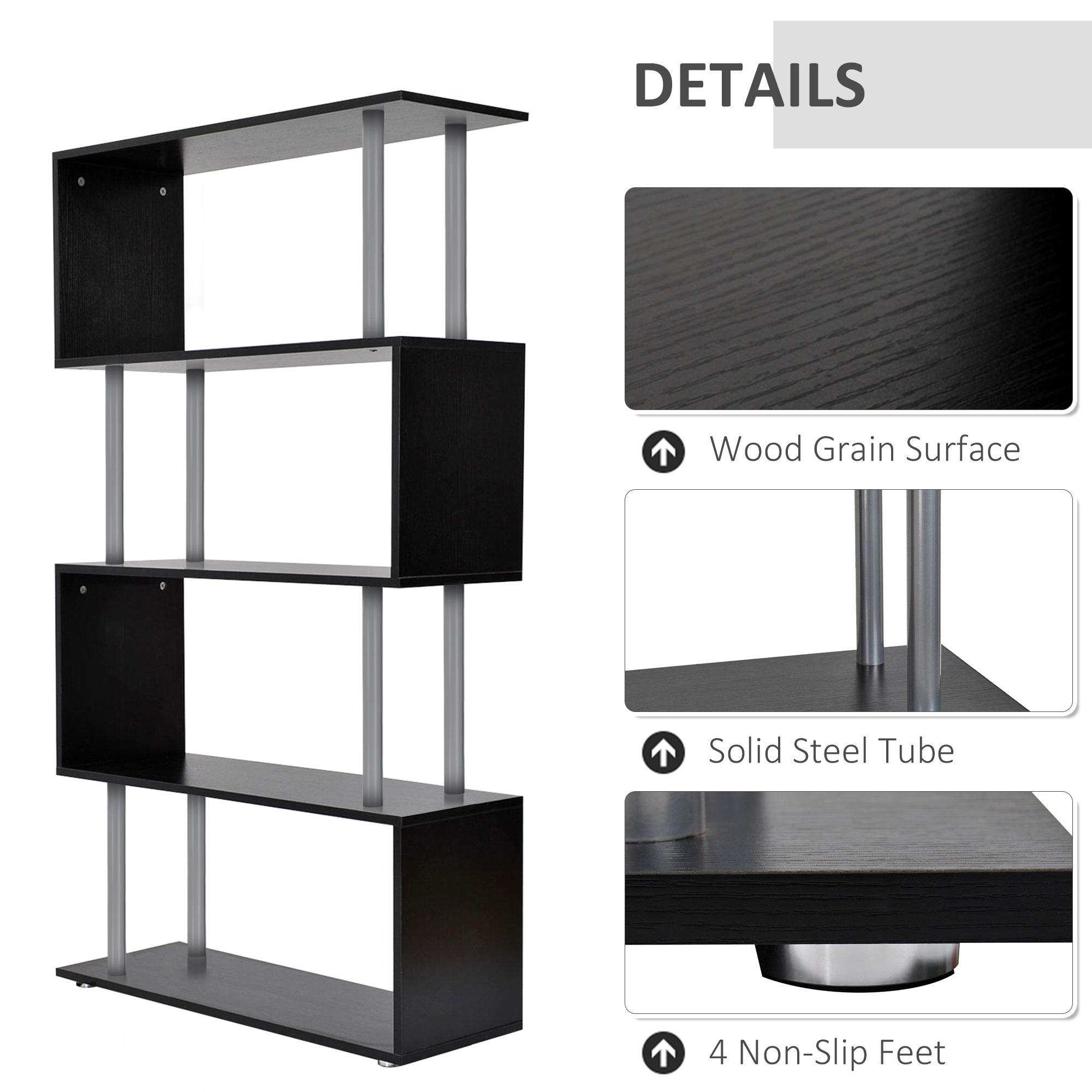 5-Tier Bookcase S-Shaped Wooden Storage Shelf Modern Decorative For Home And Office Black