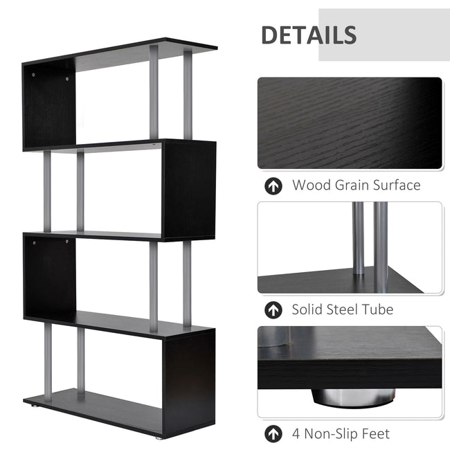 5-Tier Bookcase S-Shaped Wooden Storage Shelf Modern Decorative For Home And Office Black
