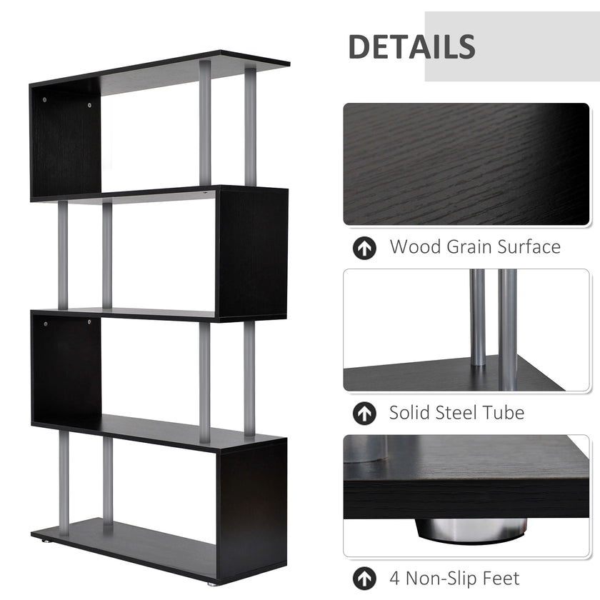 5-Tier Bookcase S-Shaped Wooden Storage Shelf Modern Decorative For Home And Office Black