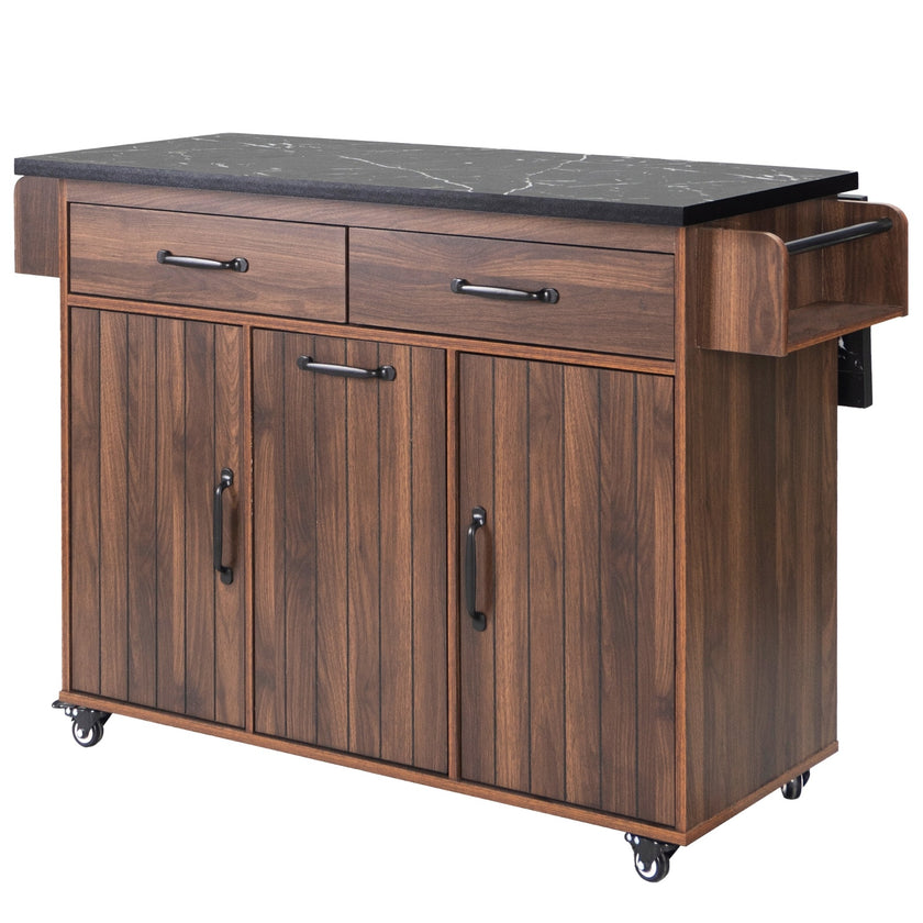 K&K Kitchen Island With Trash Can Storage Cabinet, Kitchen Cart With Drop Leaf, Spice Rack, Towel Ra
