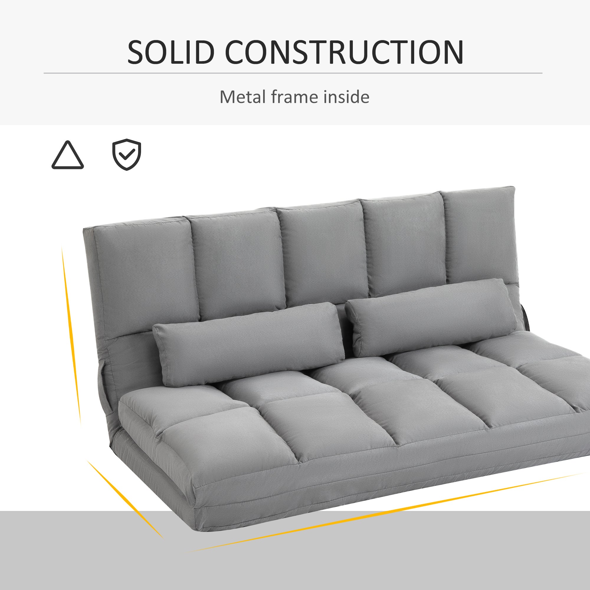 Folding Upholstered Couch Bed Gray Convertible Floor Sofa Chair Metal Frame Pillows