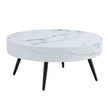 31.5 White Marble-Patterned MDF Round Coffee Table With Black Metal Legs.Adjustable Feet,Coffee Table,Round Table Design,MDF Material,White Marble Pattern.