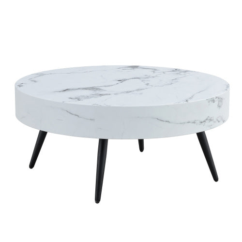 31.5 White Marble-Patterned MDF Round Coffee Table With Black Metal Legs.Adjustable Feet,Coffee Table,Round Table Design,MDF Material,White Marble Pattern.