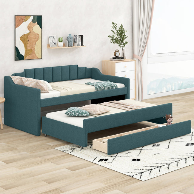 Twin Size Upholstered Daybed With Trundle And Three Drawers,Green
