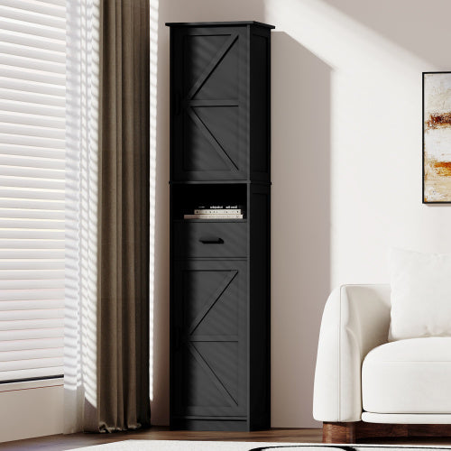 69 H Tall Bathroom Storage Cabinet With 2 Barn Doors And 1 Drawer, Narrow Storage Unit, Adjustable Shelves,Floor Cabinet For Bathroom, Living Room, Entryway,Kitchen,Black