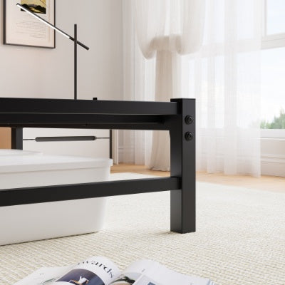 Queen Size Metal Bed Frame With Wooden Headboard, RGB Lights, Charger, Storage Shelf, Noise-Free, No Box Spring Needed, Black