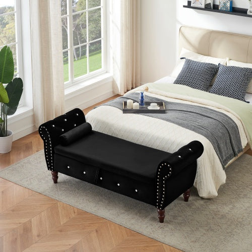 63.38Velvet Multifunctional Storage Rectangular Ottoman Bench Comes With Crystal Buckle Solid Wood Legs With 1 Pillow