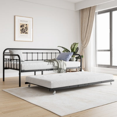 Twin Size Metal Daybed Frame With Trundle, Heavy Duty Steel Slat Support Sofa Bed Platform With Headboard, No Box Spring Needed, Black