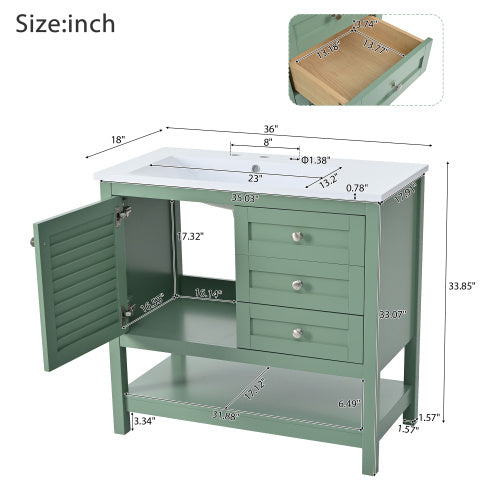 36'' Bathroom Vanity With Undermount Sink, Free Standing Vanity Set With 2 Drawers& Soft Closing Doors, Bathroom Storage Cabinet With Solid Wood Feet, Green