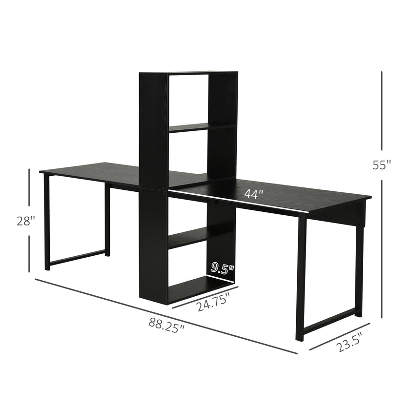 Extra Long 2-Person Desk With Bookshelf Black Home Office Workstation Combo