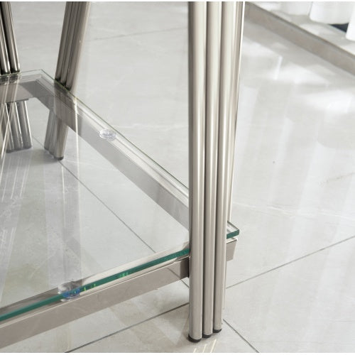 Modern Stainless Steel Coffee Table Set Set Of 2, Double-Layer Clear Tempered Glass Table Top, Coffee Table  End Side Table 2-Pieces Sets For Living Room Home Office, Silver