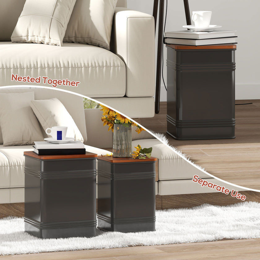 Ottoman With Storage Set Of 2, Industrial Nesting Ottoman Stool With Removable Lid, Metal Frame For Living Room, Black