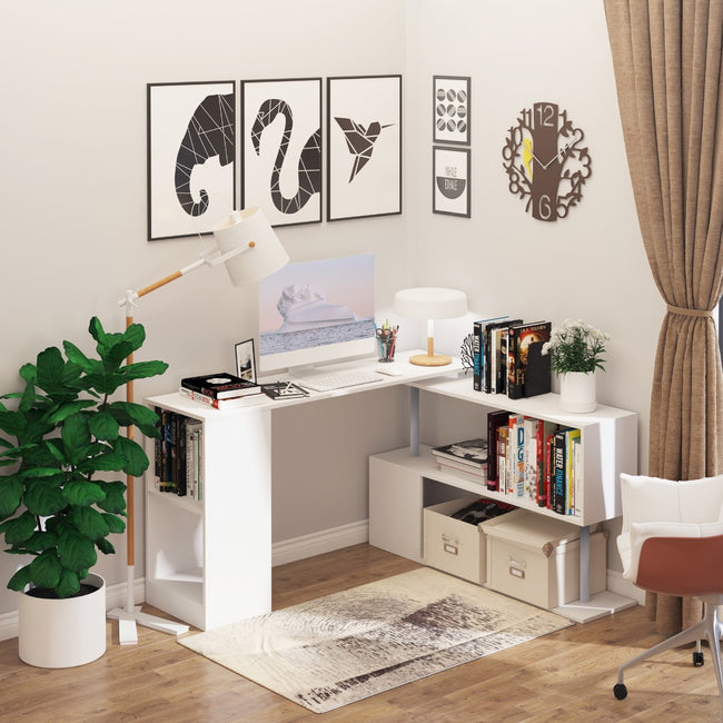 L-Shaped Desk 55 360 Rotating White Corner Computer Workstation With Storage