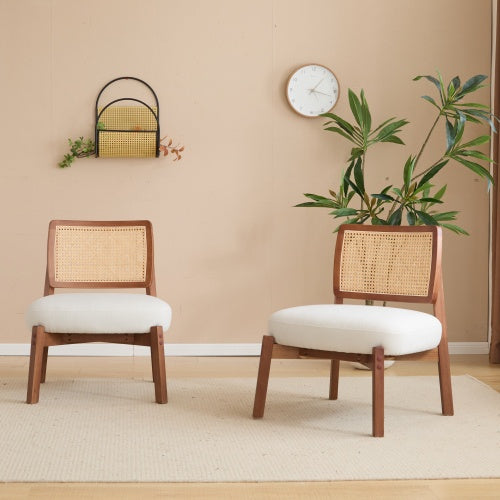Set Of 2 Modern Beige Lounge Chair With Woven Backrest, Sturdy Wooden Frame, Minimalist And Elegant Accent Seating For Living Room, Bedroom, Or Office