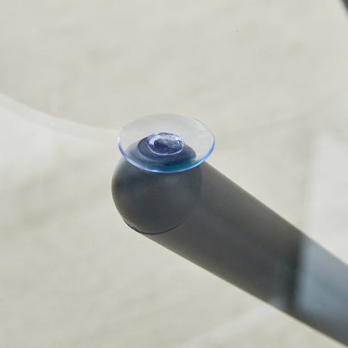 A Circular Transparent Tempered Glass Round Table With A Diameter Of 36.6 Inches,with Ring-shaped Gathered Black Metal Legs.The Desktop Glass Is 0.3 Inches Thick.