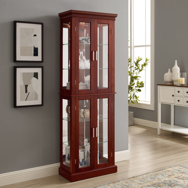 Lighted Curio Display Cabinet With Adjustable Shelves & Mirrored Back Panel