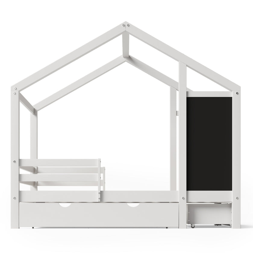 Twin House Bed With Blackboard And Drawers, Two Assembly Options, White